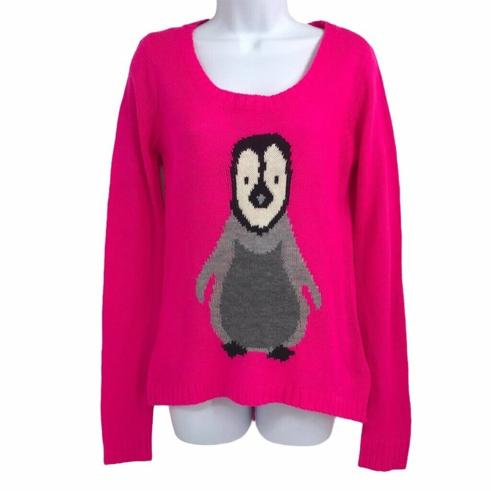 L.E.I. Womens Pullover Sweater Pink Black Penguin Long Sleeve Scoop Juniors M